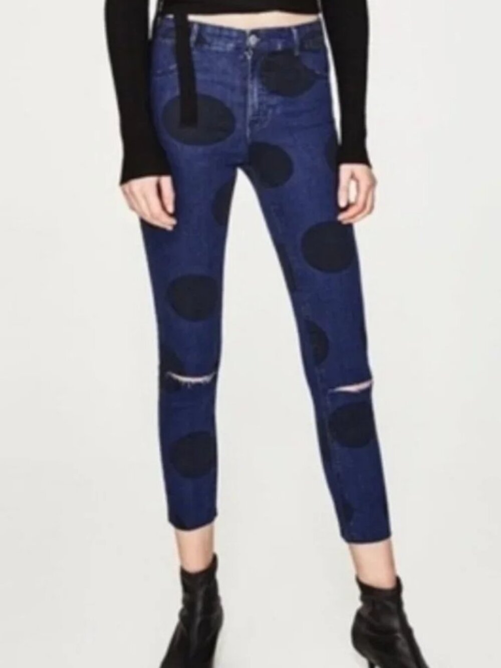 ZARA Trafaluc Denim Makers Polka Dot Skinny Jeans Cropped Blue Black Size 4 - Picture 1 of 10